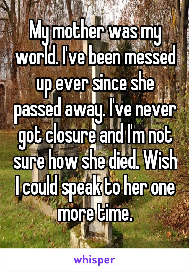 My mother was my world. I've been messed up ever since she passed away. I've never got closure and I'm not sure how she died. Wish I could speak to her one more time.
