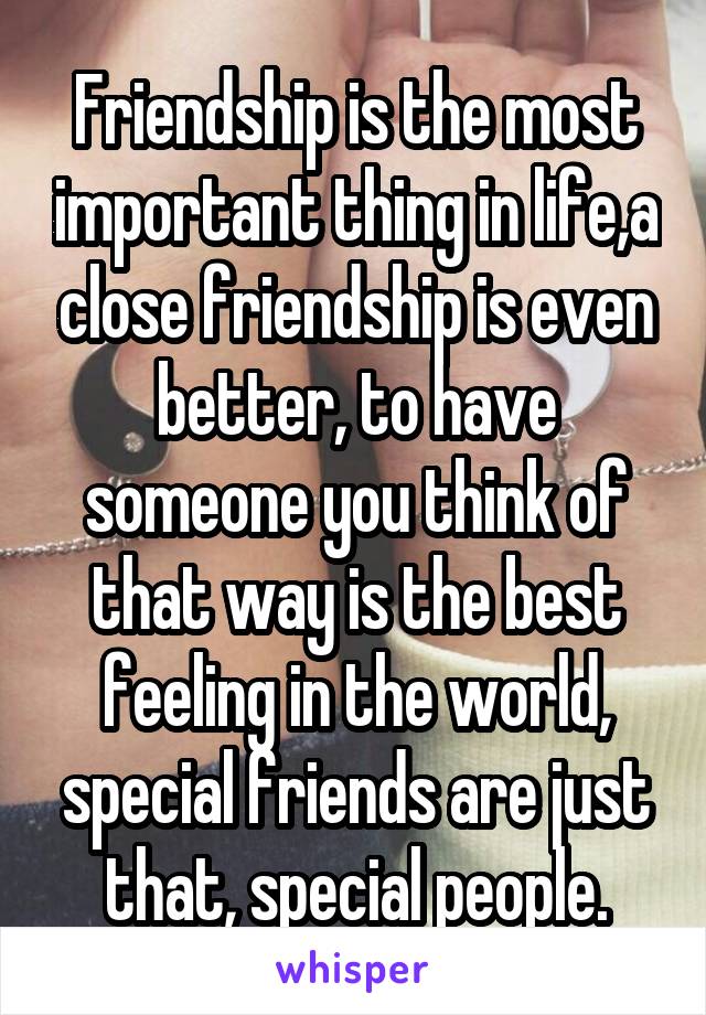 Friendship is the most important thing in life,a close friendship is even better, to have someone you think of that way is the best feeling in the world, special friends are just that, special people.