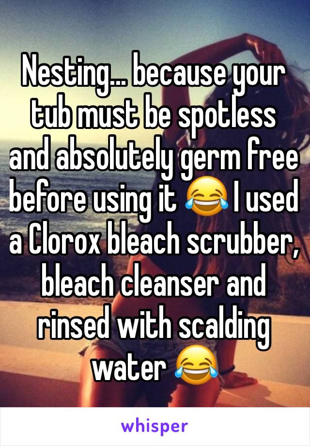 Nesting... because your tub must be spotless and absolutely germ free before using it 😂 I used a Clorox bleach scrubber, bleach cleanser and rinsed with scalding water 😂 