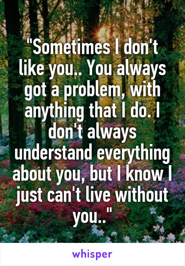 "Sometimes I don't like you.. You always got a problem, with anything that I do. I don't always understand everything about you, but I know I just can't live without you.."