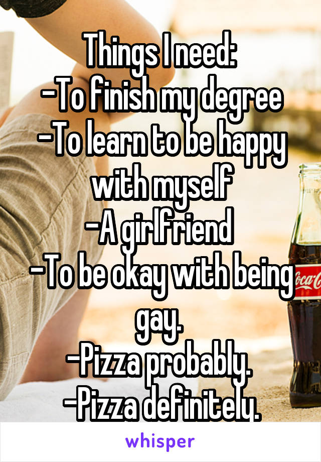 Things I need: 
-To finish my degree
-To learn to be happy with myself
-A girlfriend 
-To be okay with being gay. 
-Pizza probably. 
-Pizza definitely.