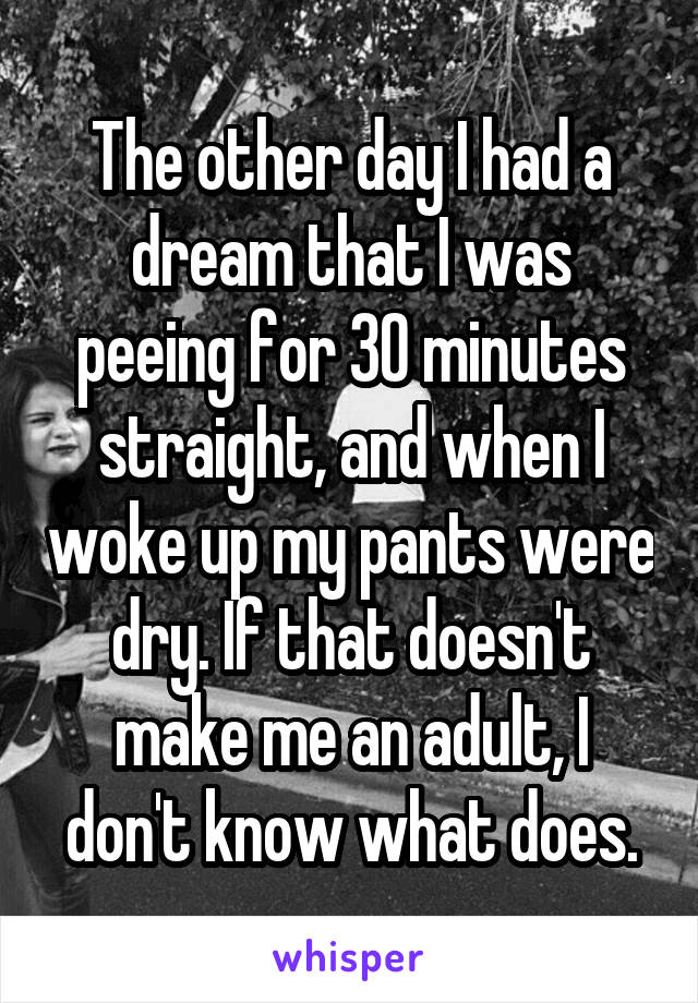 The other day I had a dream that I was peeing for 30 minutes straight, and when I woke up my pants were dry. If that doesn't make me an adult, I don't know what does.