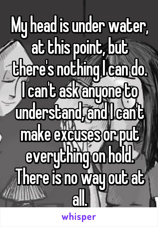 My head is under water, at this point, but there's nothing I can do. I can't ask anyone to understand, and I can't make excuses or put everything on hold. There is no way out at all.