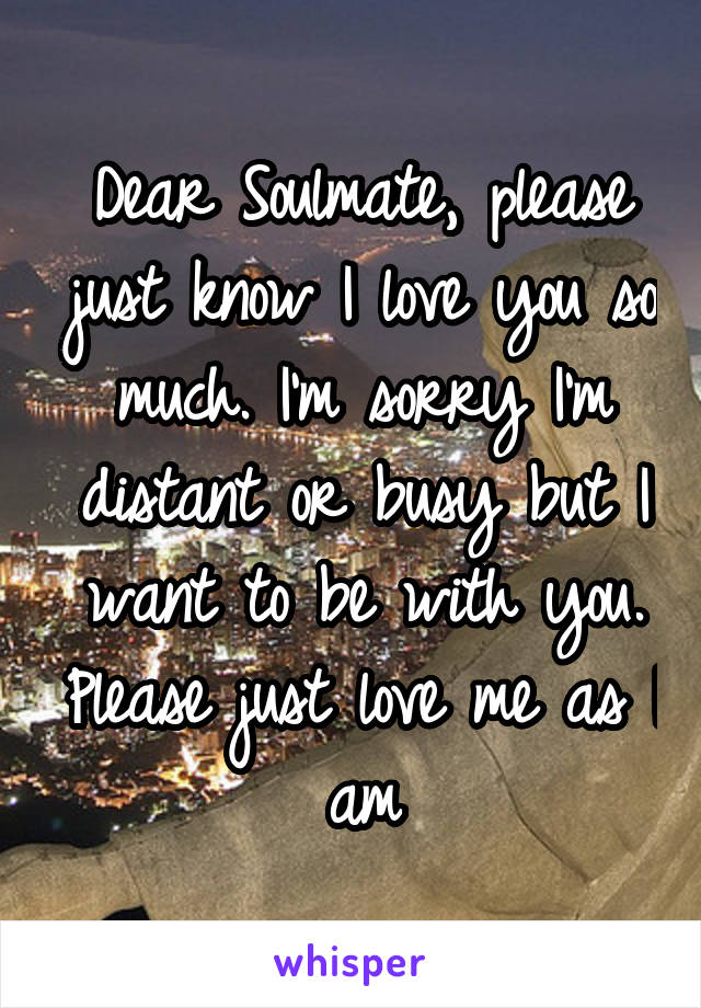 Dear Soulmate, please just know I love you so much. I'm sorry I'm distant or busy but I want to be with you. Please just love me as I am