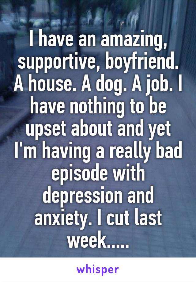 I have an amazing, supportive, boyfriend. A house. A dog. A job. I have nothing to be upset about and yet I'm having a really bad episode with depression and anxiety. I cut last week.....