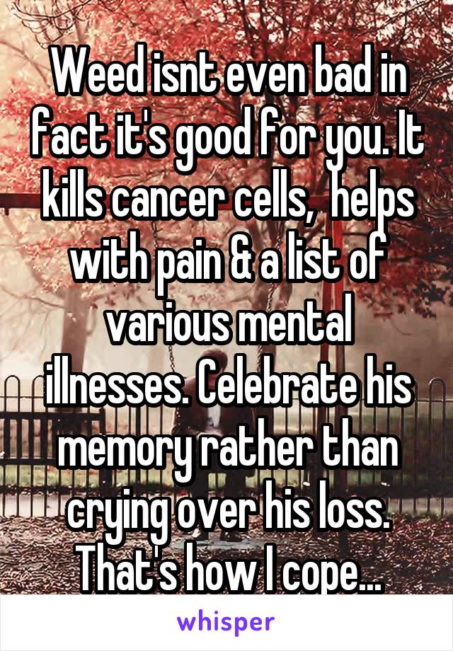 Weed isnt even bad in fact it's good for you. It kills cancer cells,  helps with pain & a list of various mental illnesses. Celebrate his memory rather than crying over his loss. That's how I cope...