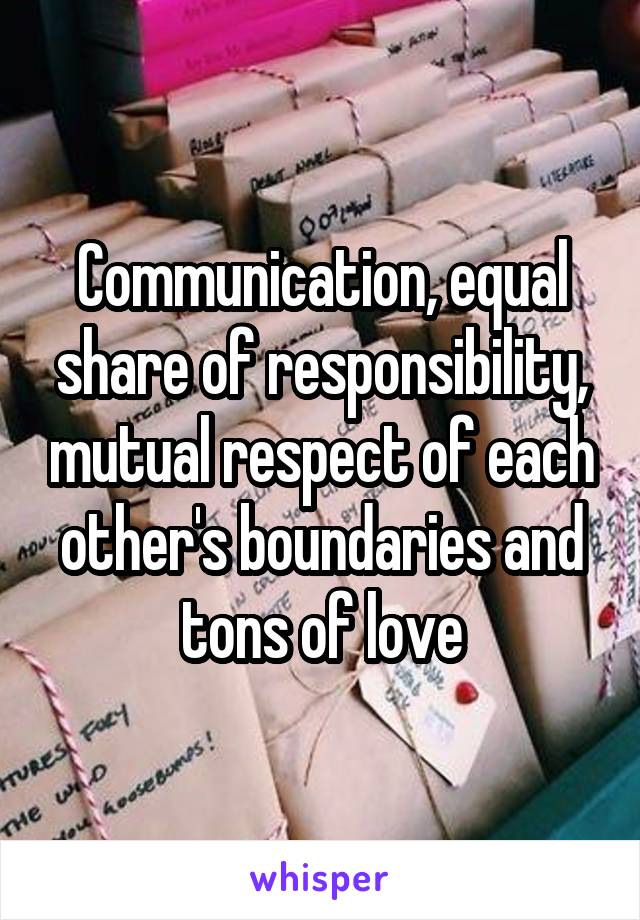 Communication, equal share of responsibility, mutual respect of each other's boundaries and tons of love