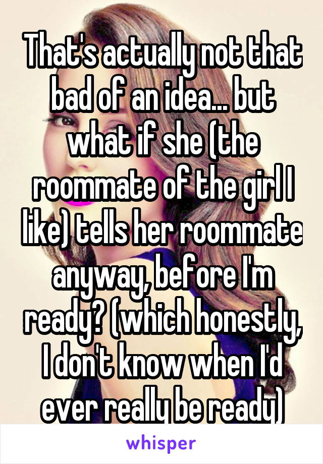 That's actually not that bad of an idea... but what if she (the roommate of the girl I like) tells her roommate anyway, before I'm ready? (which honestly, I don't know when I'd ever really be ready)