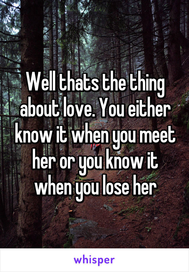 Well thats the thing about love. You either know it when you meet her or you know it when you lose her