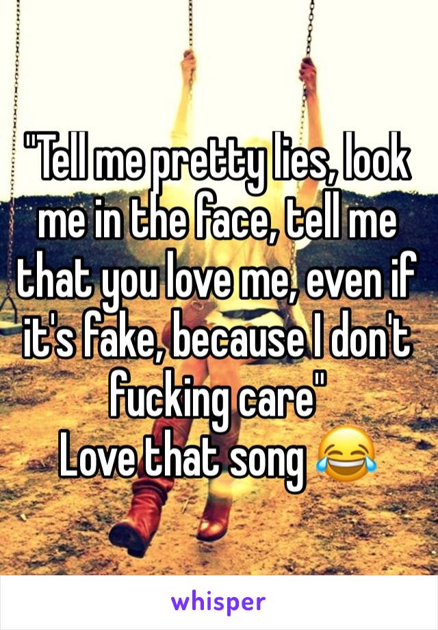 "Tell me pretty lies, look me in the face, tell me that you love me, even if it's fake, because I don't fucking care"
Love that song 😂