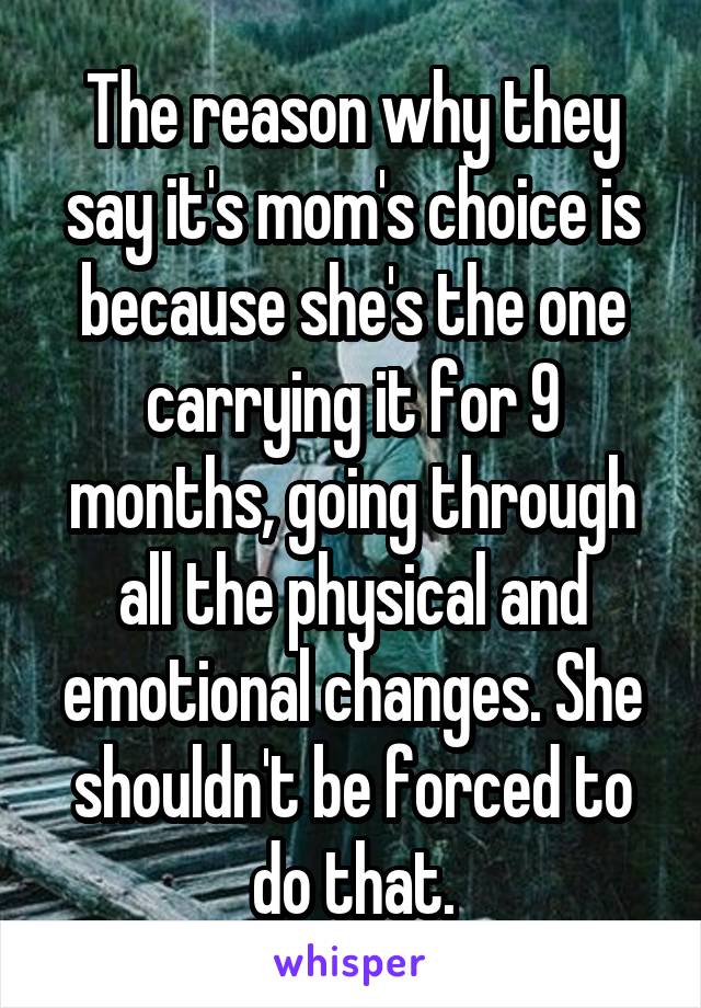 The reason why they say it's mom's choice is because she's the one carrying it for 9 months, going through all the physical and emotional changes. She shouldn't be forced to do that.