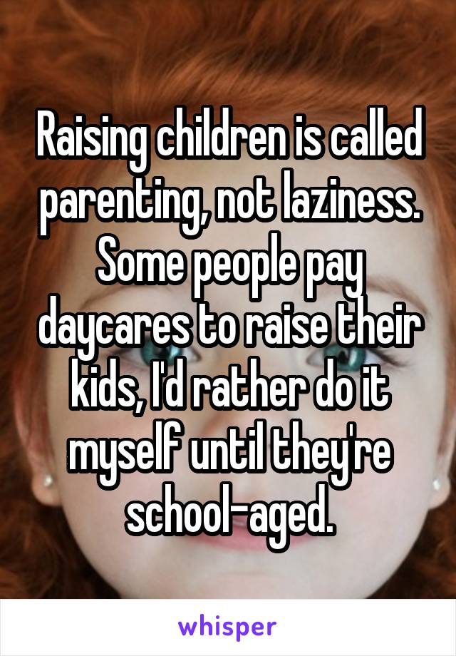 Raising children is called parenting, not laziness. Some people pay daycares to raise their kids, I'd rather do it myself until they're school-aged.