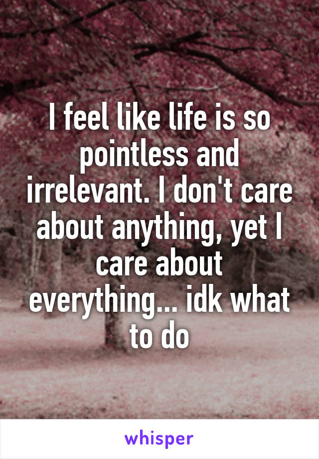 I feel like life is so pointless and irrelevant. I don't care about anything, yet I care about everything... idk what to do