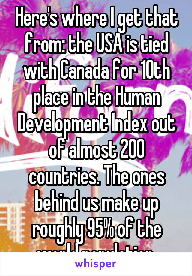 Here's where I get that from: the USA is tied with Canada for 10th place in the Human Development Index out of almost 200 countries. The ones behind us make up roughly 95% of the world population.