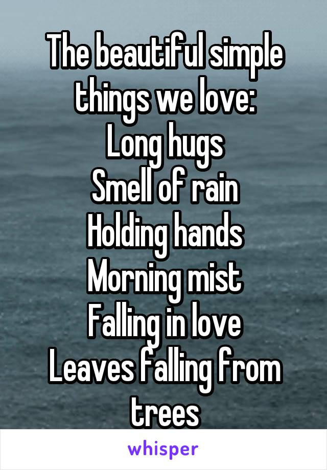 The beautiful simple things we love:
Long hugs
Smell of rain
Holding hands
Morning mist
Falling in love
Leaves falling from trees