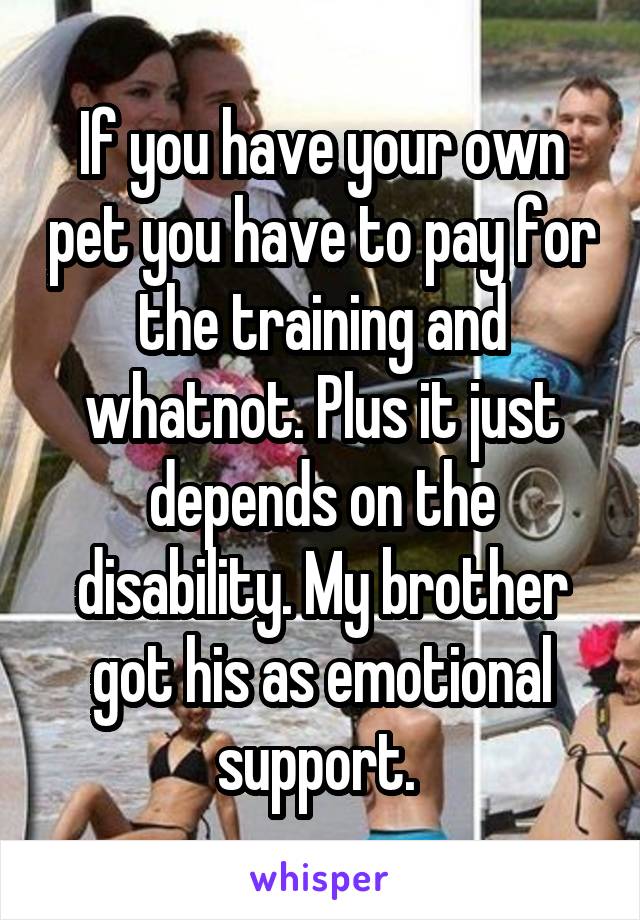 If you have your own pet you have to pay for the training and whatnot. Plus it just depends on the disability. My brother got his as emotional support. 