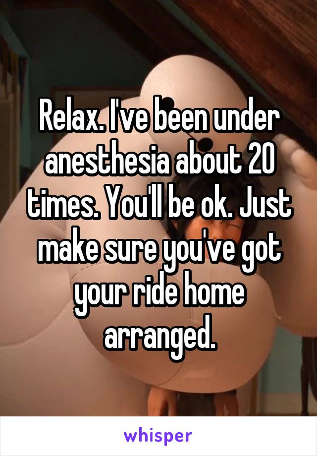 Relax. I've been under anesthesia about 20 times. You'll be ok. Just make sure you've got your ride home arranged.