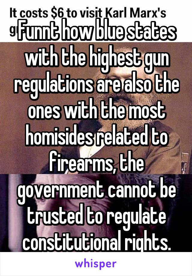 Funnt how blue states with the highest gun regulations are also the ones with the most homisides related to firearms, the government cannot be trusted to regulate constitutional rights.