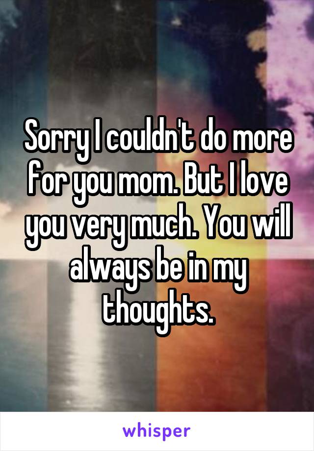 Sorry I couldn't do more for you mom. But I love you very much. You will always be in my thoughts.