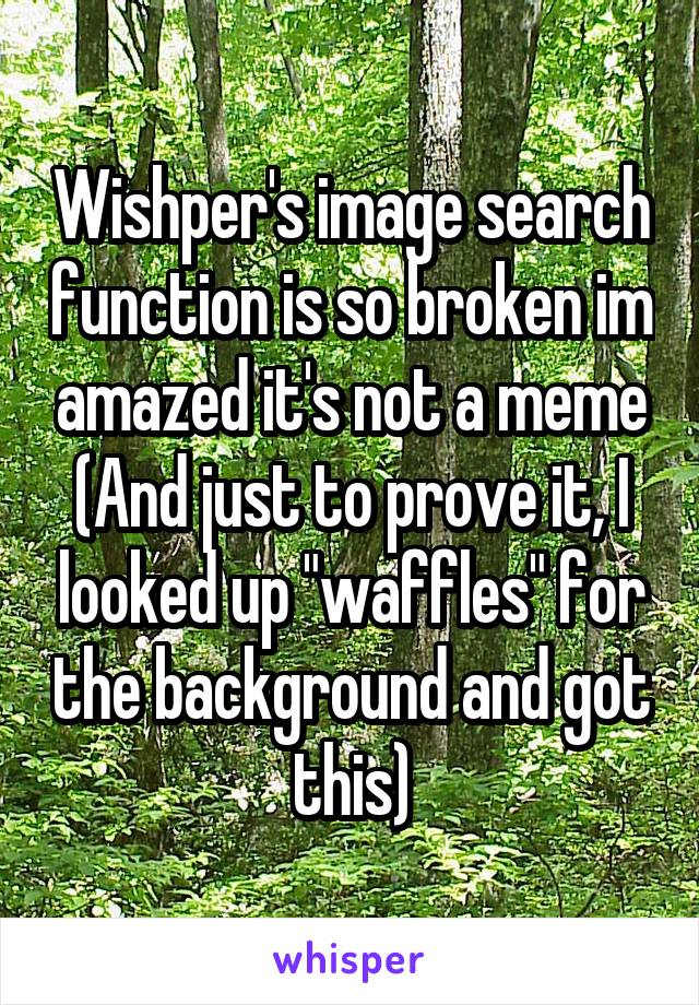 Wishper's image search function is so broken im amazed it's not a meme
(And just to prove it, I looked up "waffles" for the background and got this)