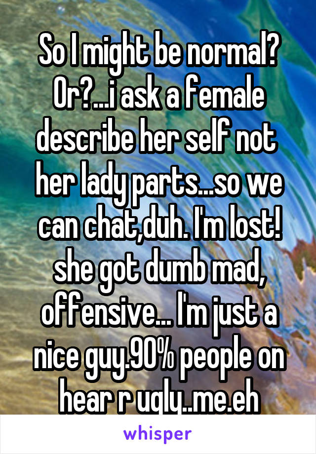 So I might be normal? Or?...i ask a female describe her self not  her lady parts...so we can chat,duh. I'm lost! she got dumb mad, offensive... l'm just a nice guy.90% people on hear r ugly..me.eh