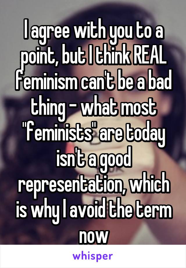 I agree with you to a point, but I think REAL feminism can't be a bad thing - what most "feminists" are today isn't a good representation, which is why I avoid the term now