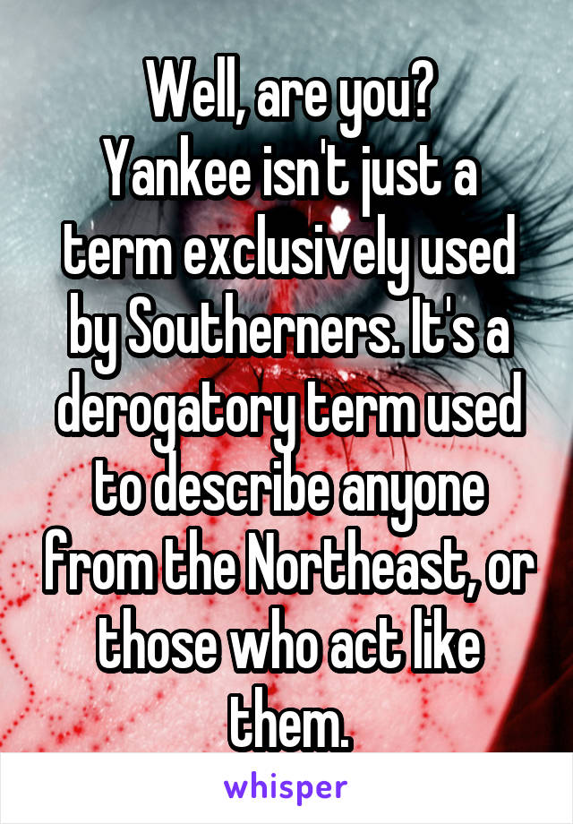 Well, are you?
Yankee isn't just a term exclusively used by Southerners. It's a derogatory term used to describe anyone from the Northeast, or those who act like them.