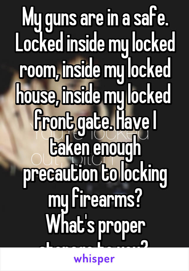 My guns are in a safe. Locked inside my locked room, inside my locked house, inside my locked  front gate. Have I taken enough precaution to locking my firearms?
What's proper storage to you? 