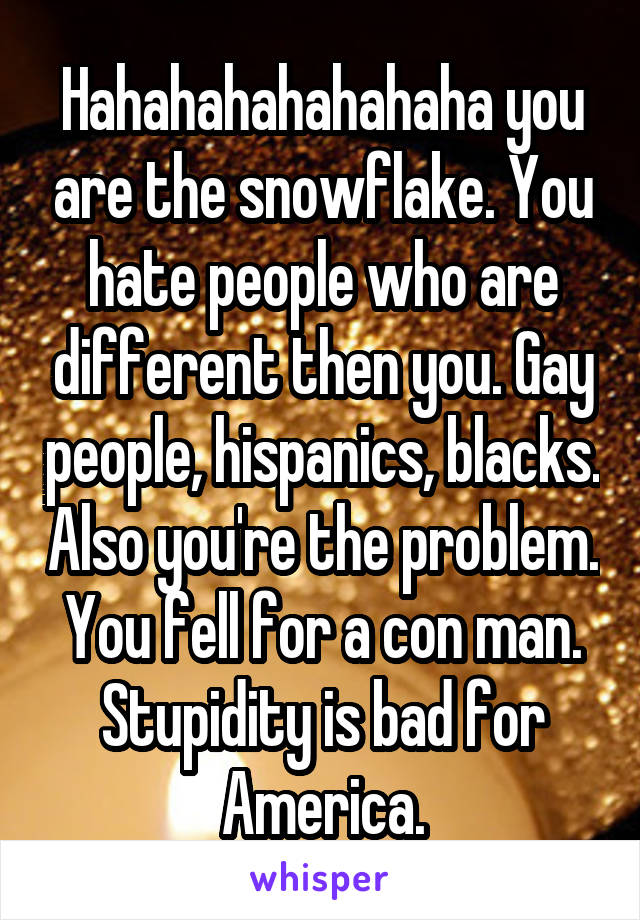 Hahahahahahahaha you are the snowflake. You hate people who are different then you. Gay people, hispanics, blacks. Also you're the problem. You fell for a con man. Stupidity is bad for America.