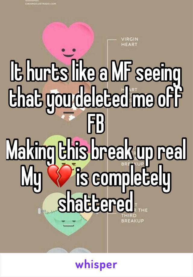 It hurts like a MF seeing that you deleted me off FB
Making this break up real
My 💔 is completely shattered 