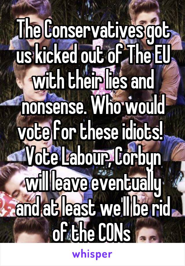 The Conservatives got us kicked out of The EU with their lies and nonsense. Who would vote for these idiots!  
Vote Labour, Corbyn will leave eventually and at least we'll be rid of the CONs 