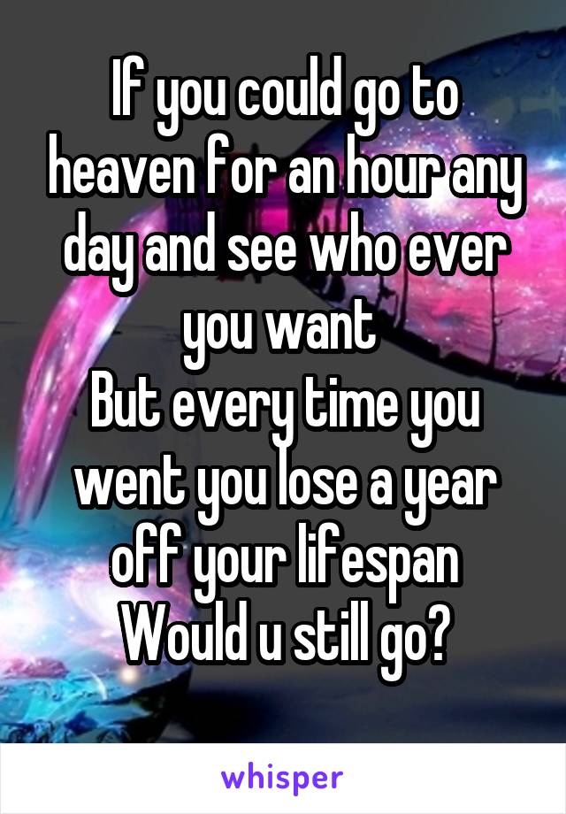 If you could go to heaven for an hour any day and see who ever you want 
But every time you went you lose a year off your lifespan
Would u still go?
