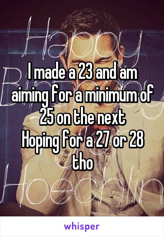 I made a 23 and am aiming for a minimum of 25 on the next
Hoping for a 27 or 28 tho