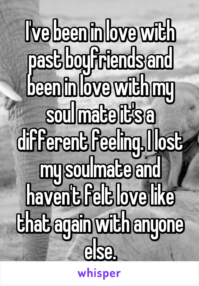  I've been in love with past boyfriends and been in love with my soul mate it's a different feeling. I lost my soulmate and haven't felt love like that again with anyone else.