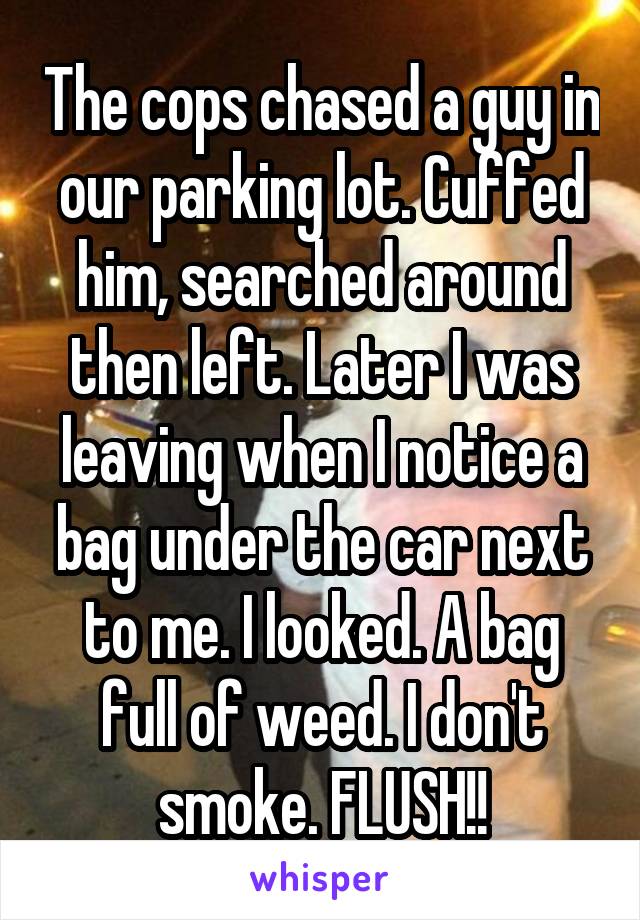 The cops chased a guy in our parking lot. Cuffed him, searched around then left. Later I was leaving when I notice a bag under the car next to me. I looked. A bag full of weed. I don't smoke. FLUSH!!