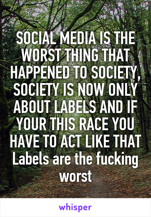 SOCIAL MEDIA IS THE WORST THING THAT HAPPENED TO SOCIETY, SOCIETY IS NOW ONLY ABOUT LABELS AND IF YOUR THIS RACE YOU HAVE TO ACT LIKE THAT Labels are the fucking worst