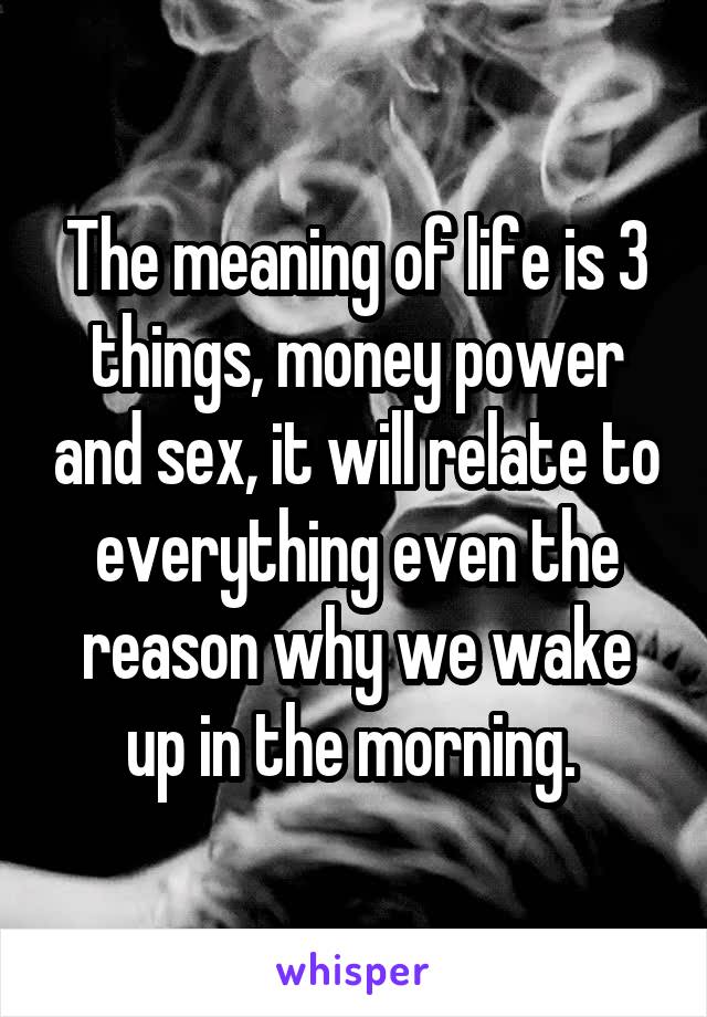 The meaning of life is 3 things, money power and sex, it will relate to everything even the reason why we wake up in the morning. 