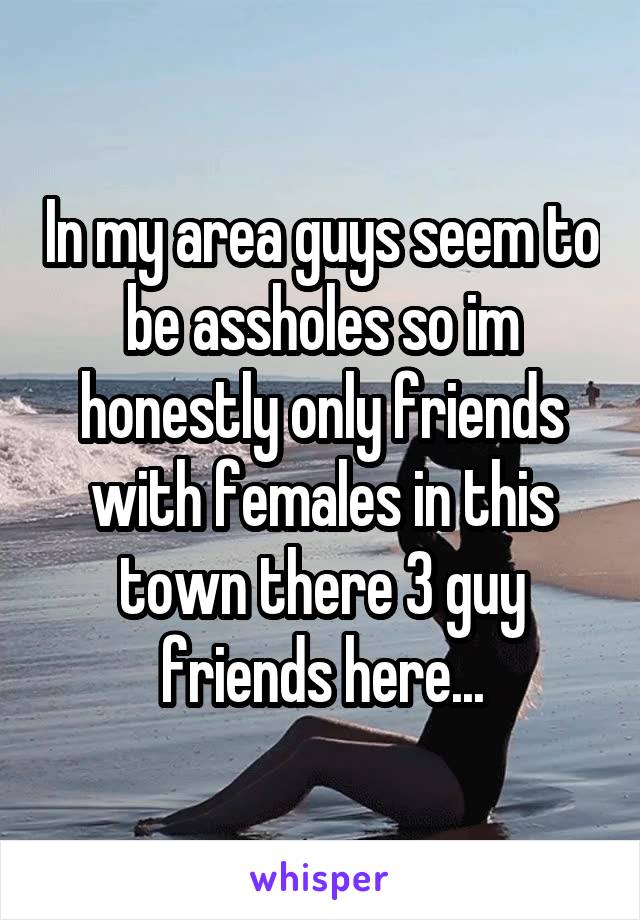 In my area guys seem to be assholes so im honestly only friends with females in this town there 3 guy friends here...