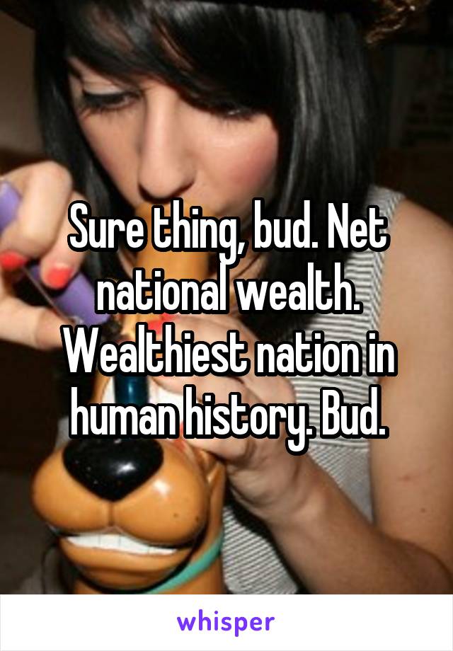 Sure thing, bud. Net national wealth. Wealthiest nation in human history. Bud.