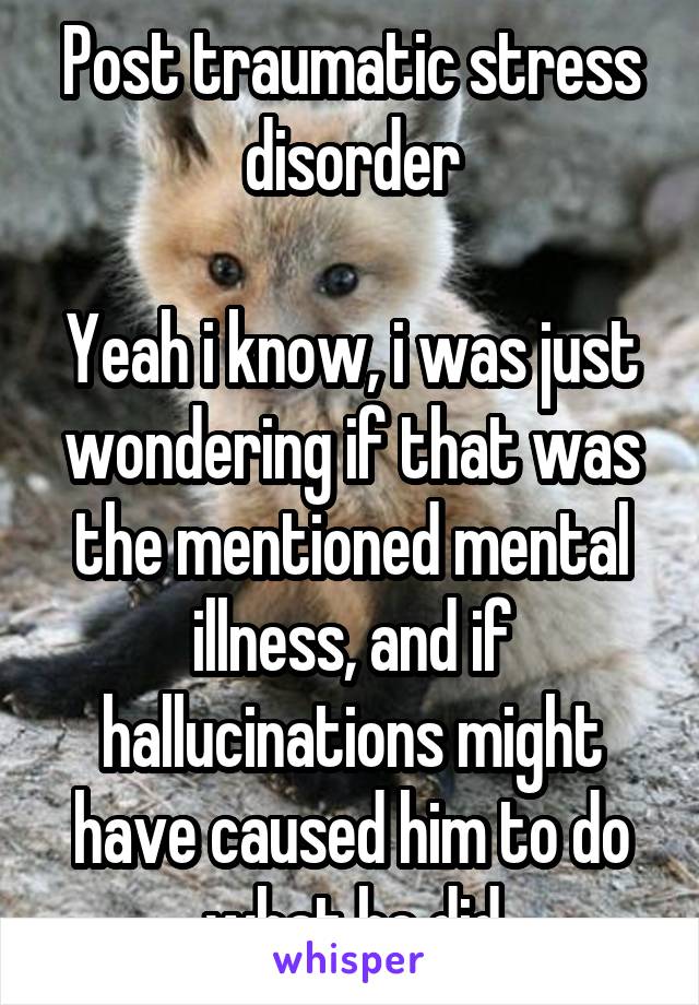 Post traumatic stress disorder

Yeah i know, i was just wondering if that was the mentioned mental illness, and if hallucinations might have caused him to do what he did