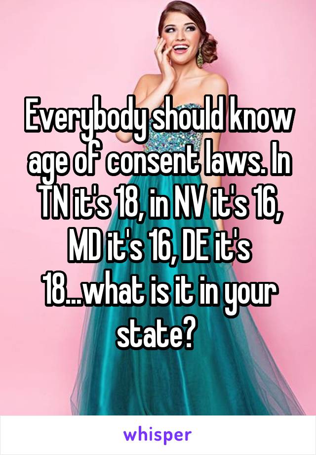 Everybody should know age of consent laws. In TN it's 18, in NV it's 16, MD it's 16, DE it's 18...what is it in your state? 