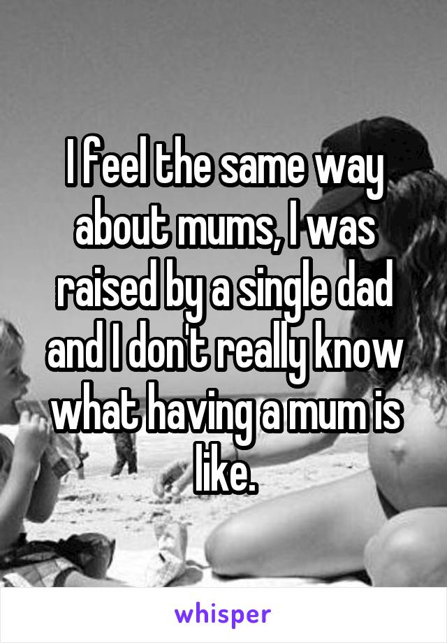 I feel the same way about mums, I was raised by a single dad and I don't really know what having a mum is like.