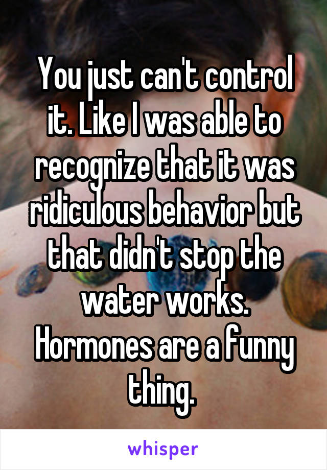 You just can't control it. Like I was able to recognize that it was ridiculous behavior but that didn't stop the water works. Hormones are a funny thing. 