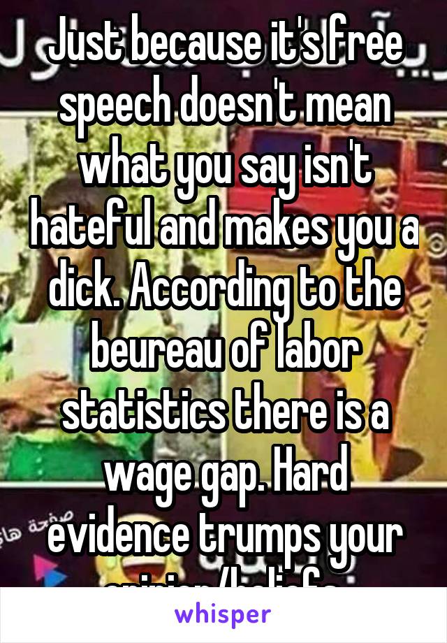 Just because it's free speech doesn't mean what you say isn't hateful and makes you a dick. According to the beureau of labor statistics there is a wage gap. Hard evidence trumps your opinion/beliefs 