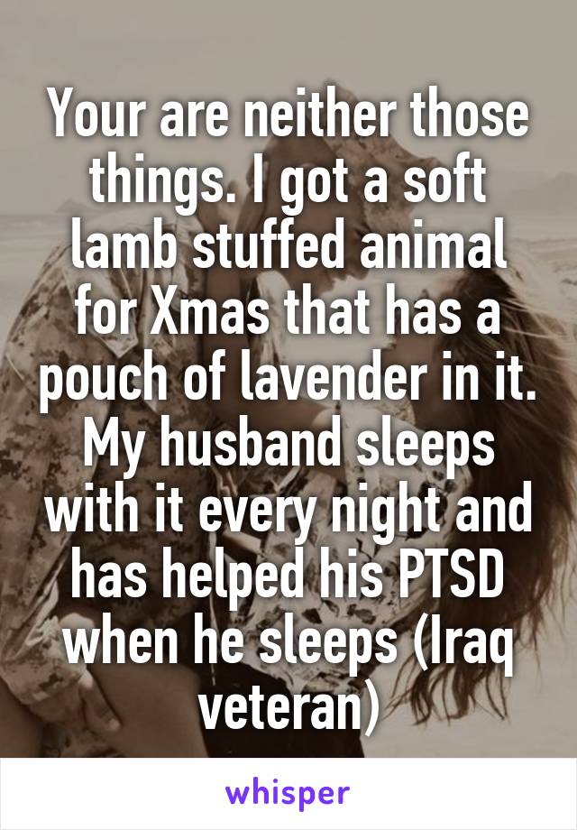 Your are neither those things. I got a soft lamb stuffed animal for Xmas that has a pouch of lavender in it. My husband sleeps with it every night and has helped his PTSD when he sleeps (Iraq veteran)
