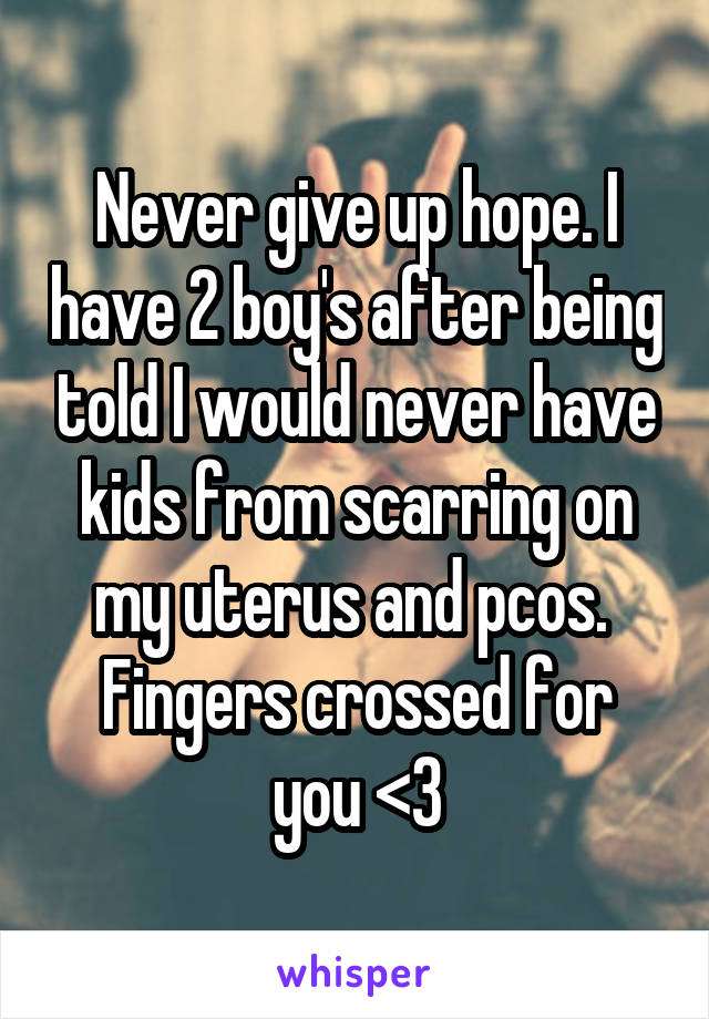 Never give up hope. I have 2 boy's after being told I would never have kids from scarring on my uterus and pcos. 
Fingers crossed for you <3