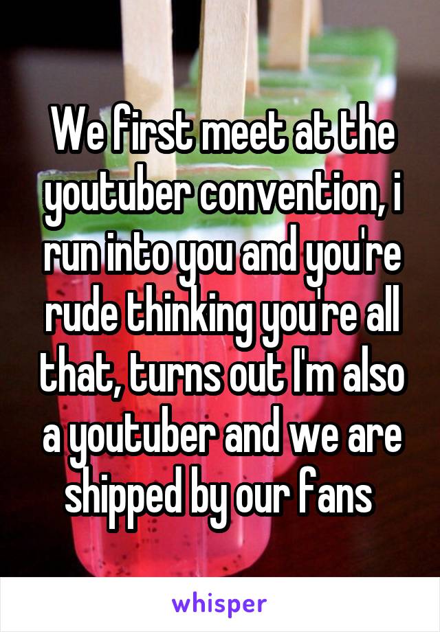 We first meet at the youtuber convention, i run into you and you're rude thinking you're all that, turns out I'm also a youtuber and we are shipped by our fans 