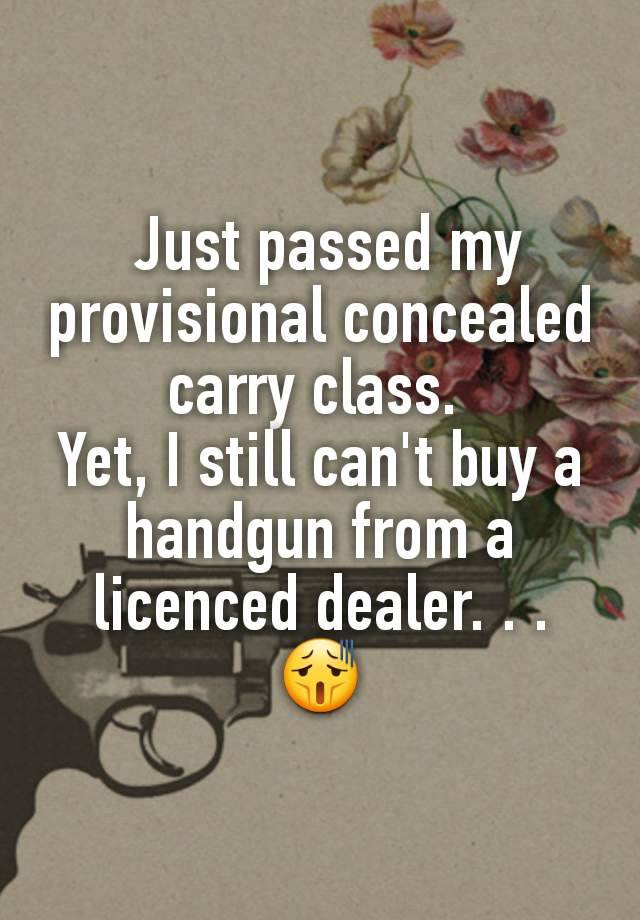  Just passed my provisional concealed carry class. 
Yet, I still can't buy a handgun from a licenced dealer. . .
😫