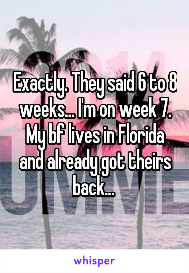 Exactly. They said 6 to 8 weeks... I'm on week 7. My bf lives in Florida and already got theirs back... 