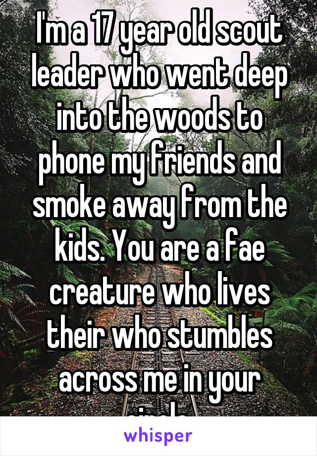 I'm a 17 year old scout leader who went deep into the woods to phone my friends and smoke away from the kids. You are a fae creature who lives their who stumbles across me in your circle.